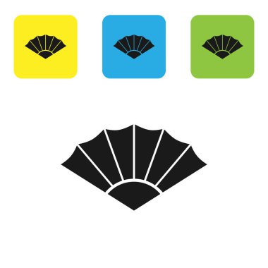 Beyaz arka planda izole edilmiş siyah geleneksel Çin veya Japon katlama hayran ikonu. Renkli kare düğmeleri ayarlayın. Vektör İllüstrasyonu