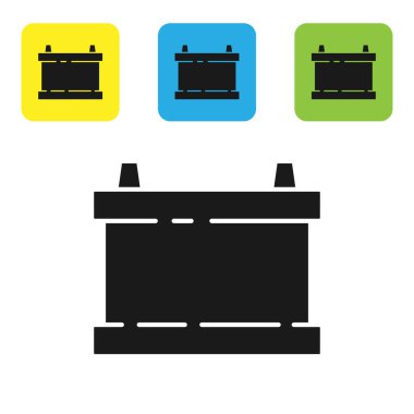 Siyah araba akü ikonu beyaz arka planda izole edildi. Akümülatör bataryası enerji ve elektrik akümülatörü bataryası. Renkli kare düğmeleri ayarlayın. Vektör İllüstrasyonu