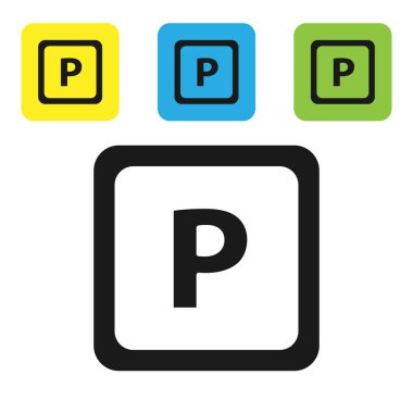 Siyah park simgesi beyaz arkaplanda izole edildi. Sokak tabelası. Renkli kare düğmeleri ayarlayın. Vektör İllüstrasyonu