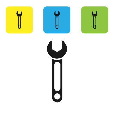 Siyah İngiliz anahtarı simgesi beyaz arkaplanda izole edildi. Anahtar simgesi. Renkli kare düğmeleri ayarlayın. Vektör İllüstrasyonu