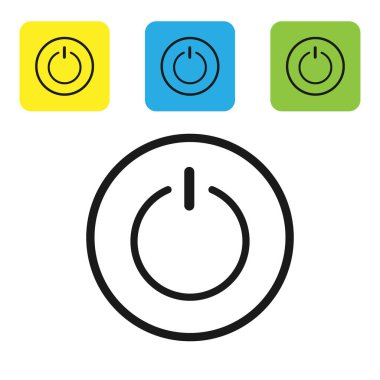 Siyah Güç simgesi beyaz arkaplanda izole edildi. Başlat işareti. Renkli kare düğmeleri ayarlayın. Vektör İllüstrasyonu