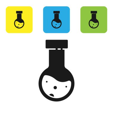 Beyaz arka planda siyah test tüpü ve kimyasal test ikonu izole edildi. Laboratuvar cam levhası. Renkli kare düğmeleri ayarlayın. Vektör İllüstrasyonu