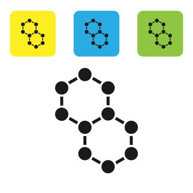 Beyaz arkaplanda siyah molekül simgesi izole edildi. Kimya moleküllerinin yapısı, fen öğretmenlerinin yenilikçi eğitim posteri. Renkli kare düğmeleri ayarlayın. Vektör İllüstrasyonu