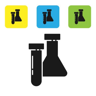Beyaz arka planda siyah test tüpü ve kimyasal test ikonu izole edildi. Laboratuvar cam levhası. Renkli kare düğmeleri ayarlayın. Vektör İllüstrasyonu
