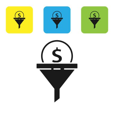 Siyah kurşun yönetim simgesi beyaz arkaplanda izole edildi. Paralı huni. Hedef müşteri iş konsepti. Renkli kare düğmeleri ayarlayın. Vektör İllüstrasyonu