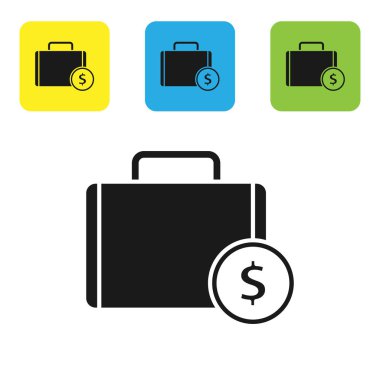 Siyah evrak çantası ve para simgesi beyaz arka planda izole. İş davası işareti. İş portföyü. Set simgeleri renkli kare düğmeler. Vektör Illustration