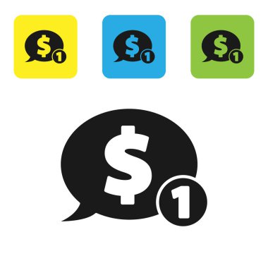 Beyaz arka planda dolar simgesi olan siyah konuşma balonu. Rozet fiyatına. Dolar sembollü indirim. Reklam etiketi indirimi. Renkli kare düğmeleri ayarlayın. Vektör İllüstrasyonu