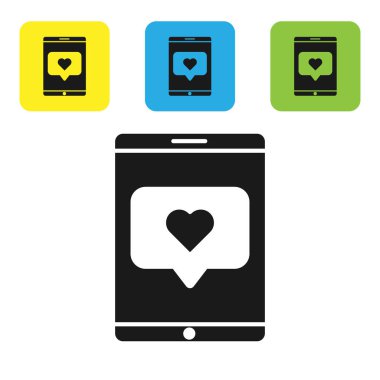 Siyah cep telefonu ve beyaz arka planda izole edilmiş kalp ikonu gibi. Karşıt Bildirim Simgesi. Insta 'yı takip et. Renkli kare düğmeleri ayarlayın. Vektör İllüstrasyonu