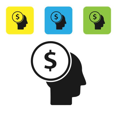 Siyah iş adamı beyaz arka planda izole edilmiş zihin ikonu planlıyor. Dolarlı insan kafası. Para kazanmak için bir fikir. Yatırım artışı. Renkli kare düğmeleri ayarlayın. Vektör İllüstrasyonu