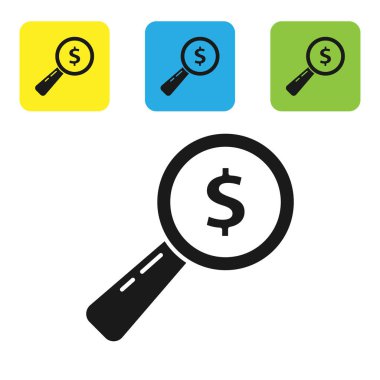 Beyaz arka planda siyah büyüteç ve dolar simgesi var. Para bul. Para arıyorum. Renkli kare düğmeleri ayarlayın. Vektör İllüstrasyonu