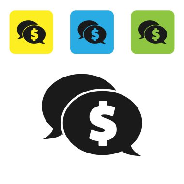 Beyaz arka planda dolar simgesi olan siyah konuşma balonu. Rozet fiyatına. Dolar sembollü indirim. Reklam etiketi indirimi. Renkli kare düğmeleri ayarlayın. Vektör İllüstrasyonu