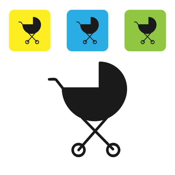 Schwarzes Kinderwagen-Symbol isoliert auf weißem Hintergrund. Kinderwagen, Kinderwagen, Kinderwagen, Kinderwagen, Rad. setzen Symbole bunte quadratische Tasten. Vektorillustration — Stockvektor