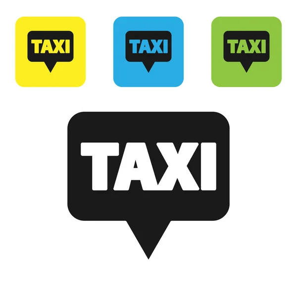 Svart karta pekare med taxi ikon isolerad på vit bakgrund. Platssymbol. Ställ ikoner färgglada fyrkantiga knappar. Vektor Illustration — Stock vektor