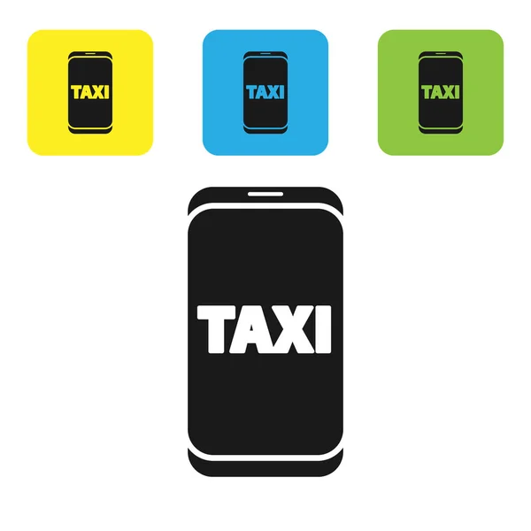 ブラックタクシー白い背景に隔離された電話サービスのアイコンを呼び出します。スマートフォン用タクシー。カラフルな正方形のボタンを設定します。ベクターイラスト — ストックベクタ