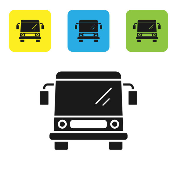 Black Bus icon isolated on white background. Transportation concept. Bus tour transport sign. Tourism or public vehicle symbol. Set icons colorful square buttons. Vector Illustration