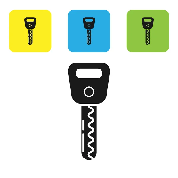 Icono de la llave del coche negro aislado sobre fondo blanco. Establecer iconos coloridos botones cuadrados. Ilustración vectorial — Vector de stock