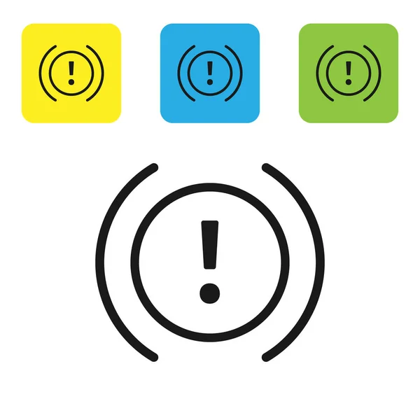 Ícone de aviso do sistema de freio preto isolado no fundo branco. Ponto de exclamação no carro. Dashboard sinal de atenção. Definir ícones coloridos botões quadrados. Ilustração vetorial —  Vetores de Stock