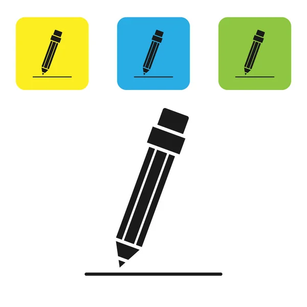 Schwarzer Bleistift mit Radiergummi und Liniensymbol auf weißem Hintergrund. Bildungszeichen. Zeichen- und Lehrwerkzeuge. setzen Symbole bunte quadratische Tasten. Vektorillustration — Stockvektor