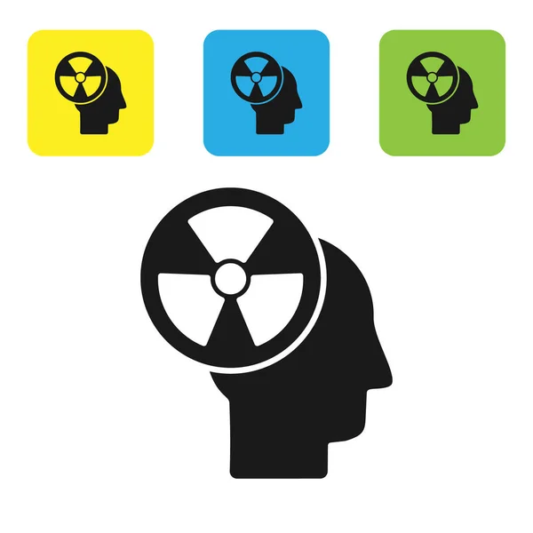 Zwart silhouet van een menselijk hoofd en een stralingssymbool pictogram geïsoleerd op witte achtergrond. Stel pictogrammen kleurrijke vierkante knoppen. Vector Illustratie — Stockvector