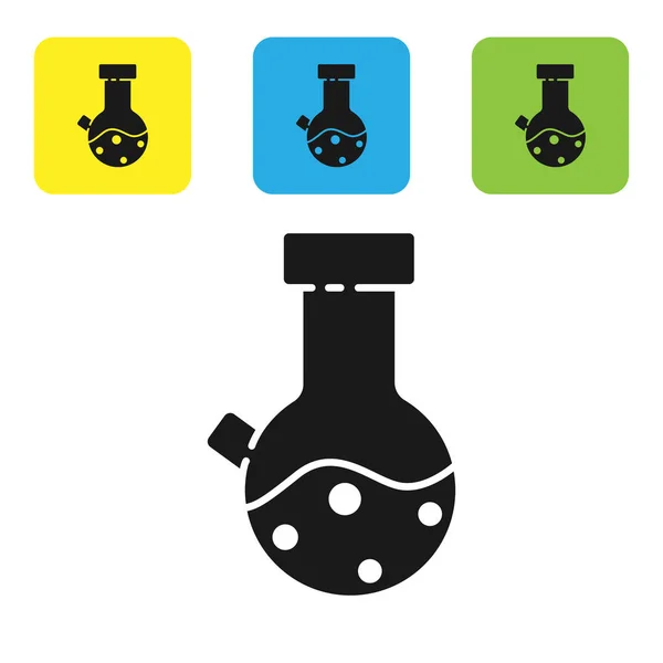 Schwarzes Reagenzglas und Kolben-Chemielabor-Testsymbol isoliert auf weißem Hintergrund. Laborgläser. setzen Symbole bunte quadratische Tasten. Vektorillustration — Stockvektor