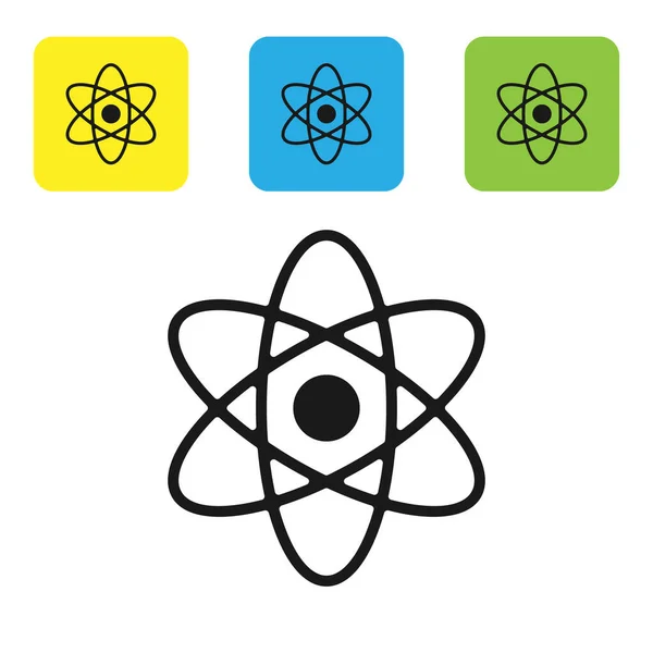 Schwarzes Atomsymbol isoliert auf weißem Hintergrund. Symbol für Wissenschaft, Bildung, Kernphysik, wissenschaftliche Forschung. setzen Symbole bunte quadratische Tasten. Vektorillustration — Stockvektor