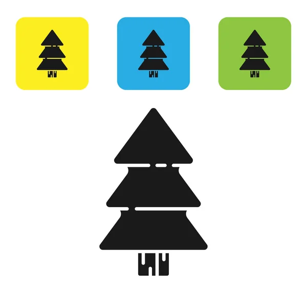 Beyaz arkaplanda siyah Noel ağacı simgesi var. Mutlu Noeller ve mutlu yıllar. Renkli kare düğmeleri ayarlayın. Vektör İllüstrasyonu — Stok Vektör