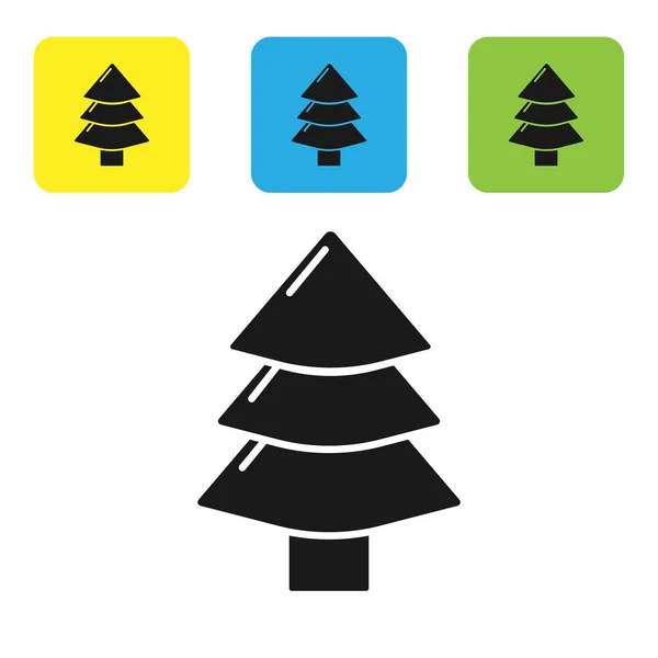 白い背景に隔離された黒いクリスマスツリーのアイコン。メリークリスマスとハッピーニューイヤー。カラフルな正方形のボタンを設定します。ベクターイラスト — ストックベクタ