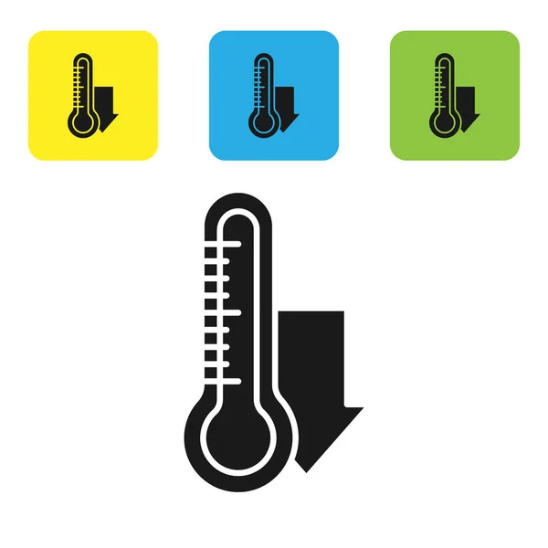 Termômetro de meteorologia preto ícone de medição isolado no fundo branco. Equipamento termômetro mostrando clima quente ou frio. Definir ícones coloridos botões quadrados. Ilustração vetorial —  Vetores de Stock