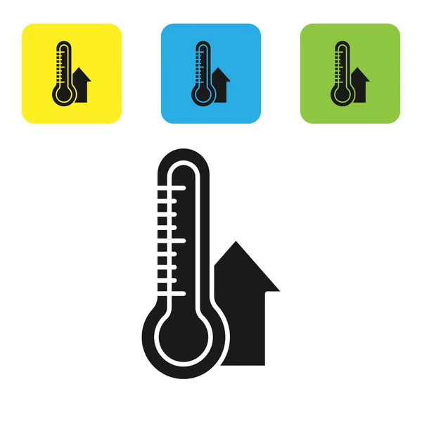 Schwarzes Meteorologie-Thermometer-Messsymbol auf weißem Hintergrund. Thermometerausrüstung, die heißes oder kaltes Wetter zeigt. setzen Symbole bunte quadratische Tasten. Vektorillustration — Stockvektor