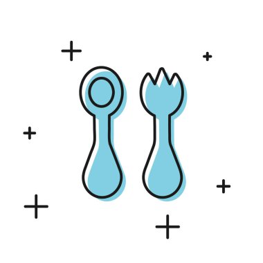 Çatal ve kaşık ikonlu siyah plastik çatal bıçak takımı beyaz arka planda izole edilmiş. Çocuk için çatal bıçak takımı. Çocukların yemek eşyaları. Vektör İllüstrasyonu