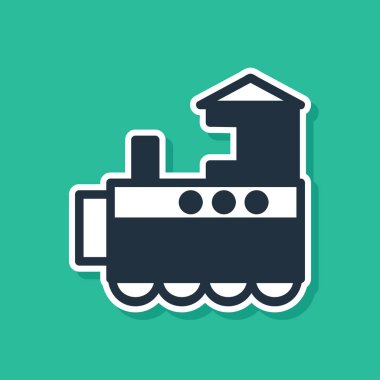 Mavi oyuncak tren ikonu yeşil arka planda izole edildi. Vektör İllüstrasyonu