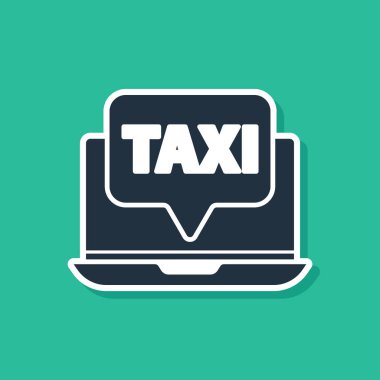 Mavi Laptop çağrı taksi servisi ikonu yeşil arkaplanda izole edildi. Vektör İllüstrasyonu