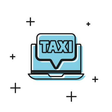 Siyah Laptop çağrı taksi servisi simgesi beyaz arkaplanda izole edildi. Vektör İllüstrasyonu