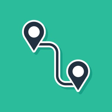 Mavi rota konumu simgesi yeşil arka planda yalıtılmış. Harita işaretçisi işareti. Yol veya yol kavramı. GPS navigasyon cihazı. Vektör Illustration
