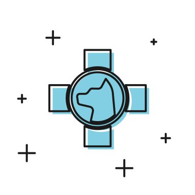 Siyah Veteriner kliniği sembol simgesi beyaz arka plan üzerinde izole. Köpek veteriner bakımı ile çapraz. Pet İlk Yardım işareti. Vektör İllüstrasyonu