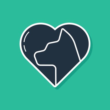 Yeşil arka planda izole edilmiş kedi ikonu olan Mavi Kalp. Hayvanlara sevgiler. Vektör İllüstrasyonu