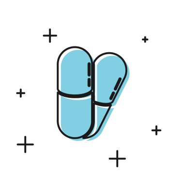 Siyah Köpek ve haplar simgesi beyaz arka plan üzerinde izole. Hayvanlar için reçeteli ilaç. Vektör İllüstrasyonu