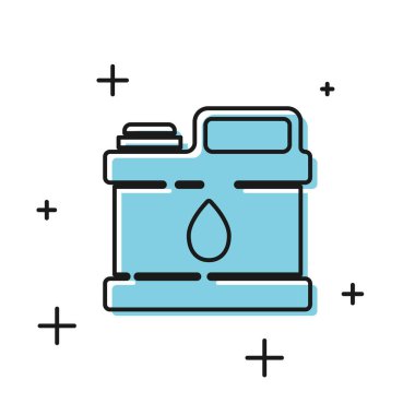 Beyaz arka planda izole edilmiş motor makine yağı ikonu için siyah plastik kutu. Benzin bidonu. Yağ değiştirme ve onarım servisi. Vektör İllüstrasyonu