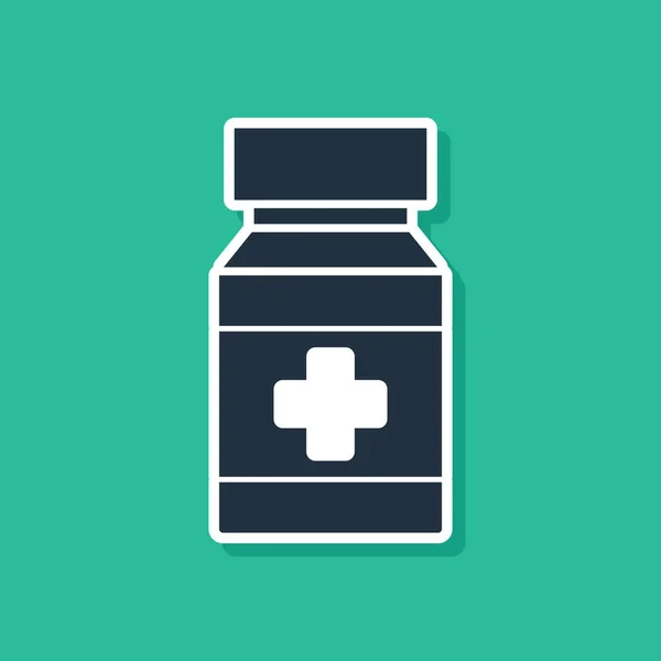 Blue Dog medicine bottle and pills icon isolated on green background. Container with pills. Prescription medicine for animal. Vector Illustration — Stock Vector