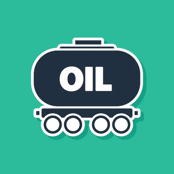 Иконка железнодорожной цистерны Blue Oil выделена на зеленом фоне. Поезд нефтяной бак на железнодорожном вагоне. Железнодорожный груз. Нефтяная промышленность. Векторная миграция — стоковый вектор