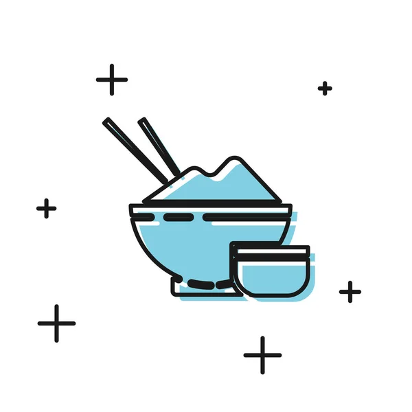 Zwarte rijst in een kom met eetstokje en saus pictogram geïsoleerd op witte achtergrond. Traditioneel Aziatisch eten. Vector Illustratie — Stockvector