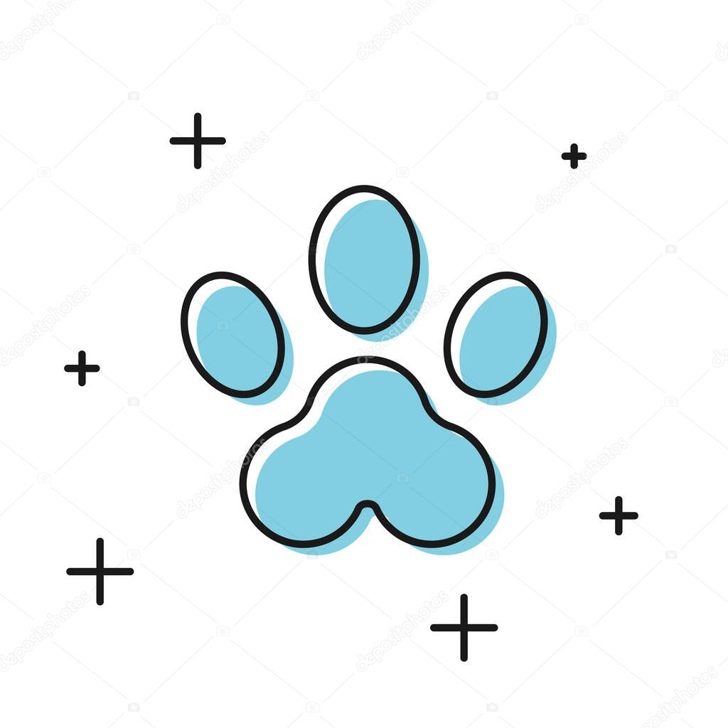 Black Paw print icon isolated on white background. Dog or cat paw print. Animal track. Vector Illustration