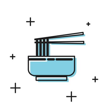 Beyaz arka planda siyah Asya eriştesi ve yemek çubuğu ikonu. Sokak yemeği. Kore, Japon, Çin yemekleri. Vektör İllüstrasyonu