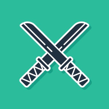 Mavi Geleneksel Japon katana simgesi yeşil arka planda izole edildi. Japon kılıcı. Vektör İllüstrasyonu
