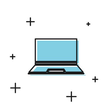 Beyaz arkaplanda siyah dizüstü bilgisayar simgesi izole edildi. Boş ekran işaretli bilgisayar defteri. Vektör İllüstrasyonu