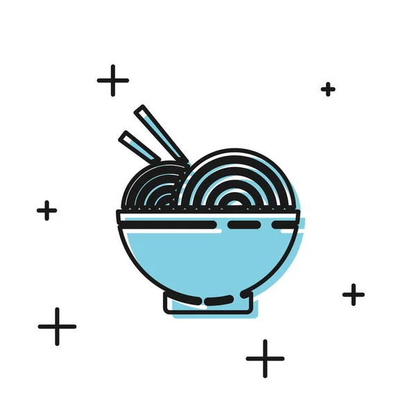 Black Asian noodles in bowl and chopsticks icon isolated on white background. Street fast food. Korean, Japanese, Chinese food. Vector Illustration — Stock Vector