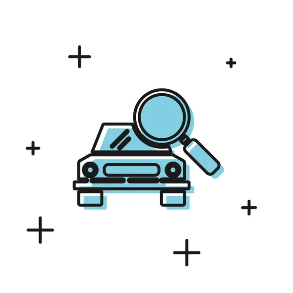 Schwarzes Suchsymbol auf weißem Hintergrund. Lupe mit Auto. Vektorillustration — Stockvektor