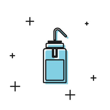 Kimya için siyah laboratuvar yıkama şişesi ve beyaz arka planda izole edilmiş bilim laboratuarı ikonu. Su ve çözücü spreyler için ekipman. Vektör İllüstrasyonu