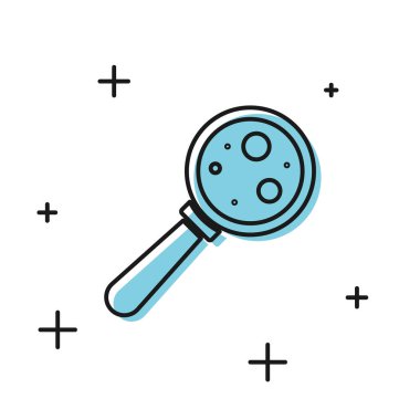 Büyüteç simgesi altında siyah mikroorganizmalar beyaz arka planda yalıtılmış. Bakteri ve mikroplar, hücre kanseri, mikrop, virüs, mantar. Vektör Illustration