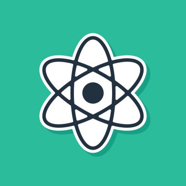 Mavi Atom simgesi yeşil arkaplanda izole edildi. Bilimin, eğitimin, nükleer fiziğin, bilimsel araştırmaların sembolü. Vektör İllüstrasyonu